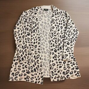 CHARTER CLUB Large CASHMERE CARDIGAN DUSTER OPEN FRONT LEOPARD PEARL TAUPE Soft